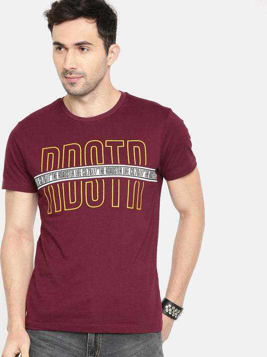 Roadster Men Burgundy Printed Round Neck T-shirt