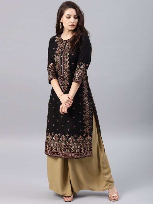 Vishudh Women Black & Golden Printed Straight Kurta